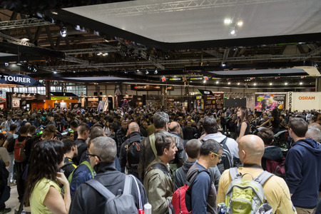 MILAN, ITALY - NOVEMBER 13: People visit EICMA, international motorcycle exhibition on NOVEMBER 13, 2016 in Milan.のeditorial素材