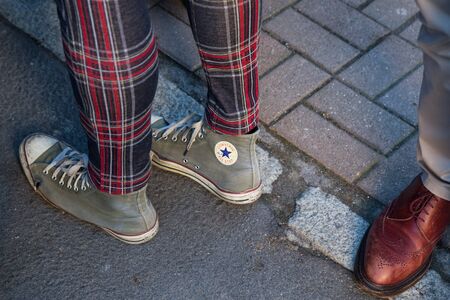 MILAN, ITALY - JANUARY 16: Detail of shoes outside Etro fashion show building during Milan Men's Fashion Week on JANUARY 16, 2017 in Milan.のeditorial素材