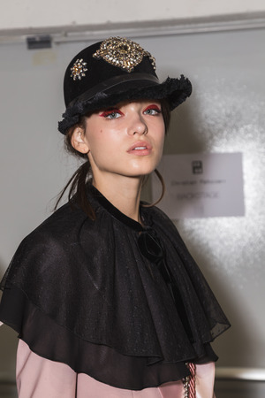 MILAN, ITALY - JANUARY 14: Beautiful model poses in the backstage just before Christian Pellizzari show during Milan Men's Fashion Week on JANUARY 14, 2017 in Milan.のeditorial素材