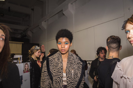 MILAN, ITALY - JANUARY 14: Beautiful model poses in the backstage just before Christian Pellizzari show during Milan Men's Fashion Week on JANUARY 14, 2017 in Milan.のeditorial素材