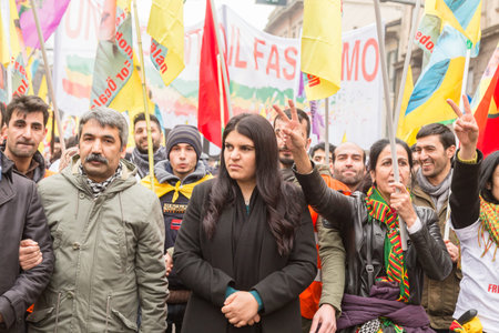MILAN, ITALY - FEBRUARY 2, 2017: Dilek Ocalan marches with demonstrators protesting against the...