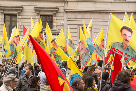 MILAN, ITALY - FEBRUARY 2, 2017: Kurdish demonstrators protest against the Turkish government and demand the immediate release of their lpolitical leader Ocalan.のeditorial素材