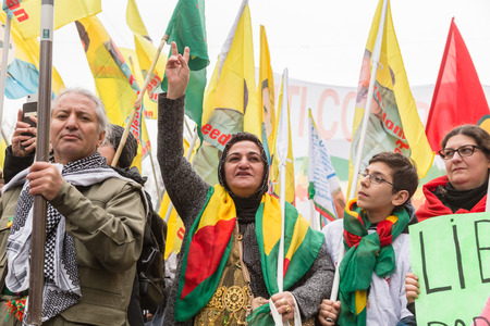 MILAN, ITALY - FEBRUARY 2, 2017: Kurdish demonstrators protest against the Turkish government and demand the immediate release of their lpolitical leader Ocalan.のeditorial素材