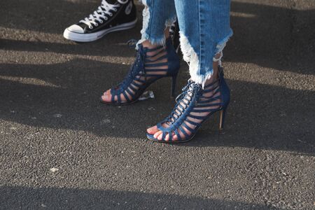 MILAN, ITALY - FEBRUARY 22: Detail of shoes outside Gucci fashion show building during Milan Women's Fashion Week on FEBRUARY 22, 2017 in Milan.のeditorial素材