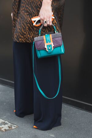MILAN, ITALY - FEBRUARY 22: Detail of bag outside Gucci fashion show building during Milan Women's Fashion Week on FEBRUARY 22, 2017 in Milan.のeditorial素材