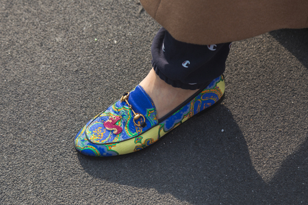 MILAN, ITALY - FEBRUARY 22: Detail of shoes outside Gucci fashion show building during Milan Women's Fashion Week on FEBRUARY 22, 2017 in Milan.のeditorial素材
