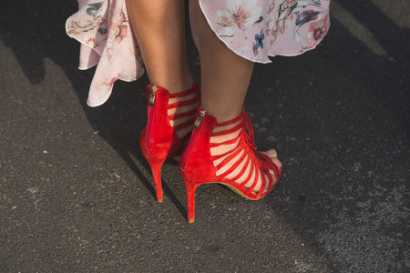 MILAN, ITALY - FEBRUARY 22: Detail of shoes outside Gucci fashion show building during Milan Women's Fashion Week on FEBRUARY 22, 2017 in Milan.のeditorial素材