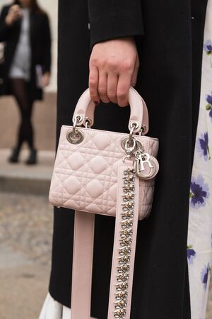 MILAN, ITALY - FEBRUARY 23: Detail of bag outside Genny fashion show during Milan Women's Fashion Week on FEBRUARY 23, 2017 in Milan.のeditorial素材