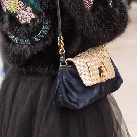 MILAN, ITALY - FEBRUARY 23: Detail of bag outside Genny fashion show during Milan Women's Fashion Week on FEBRUARY 23, 2017 in Milan.のeditorial素材