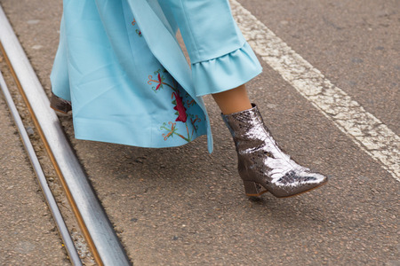MILAN, ITALY - FEBRUARY 23: Detail of shoes outside Fendi fashion show during Milan Women's Fashion Week on FEBRUARY 23, 2017 in Milan.のeditorial素材