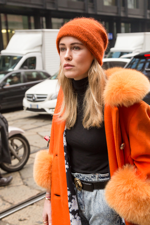 MILAN, ITALY - FEBRUARY 24: Fashionable woman poses outside Sportmax fashion show during Milan Women's Fashion Week on FEBRUARY 24, 2017 in Milan.のeditorial素材