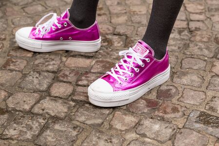 MILAN, ITALY - FEBRUARY 24: Detail of shoes outside Sportmax fashion show during Milan Women's Fashion Week on FEBRUARY 24, 2017 in Milan.のeditorial素材