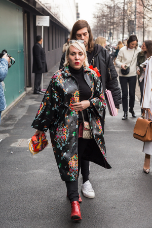 MILAN, ITALY - FEBRUARY 24: Fashionable woman poses outside Etro fashion show during Milan Women's Fashion Week on FEBRUARY 24, 2017 in Milan.のeditorial素材