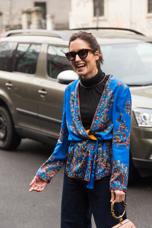 MILAN, ITALY - FEBRUARY 24: Fashionable woman poses outside Etro fashion show during Milan Women's Fashion Week on FEBRUARY 24, 2017 in Milan.のeditorial素材