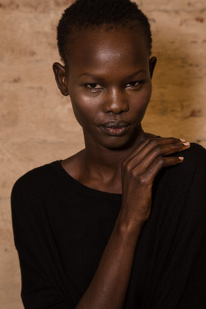 MILAN, ITALY - FEBRUARY 25: Gorgeous model poses in the backstage just before Cividini show during Milan Women's Fashion Week on FEBRUARY 25, 2017 in Milan.のeditorial素材