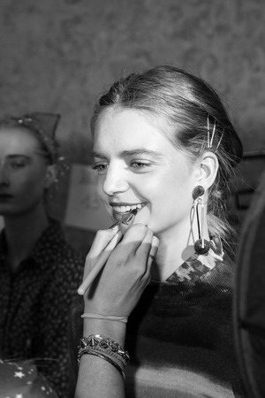 MILAN, ITALY - FEBRUARY 25: Gorgeous models pose in the backstage just before Cividini show during Milan Women's Fashion Week on FEBRUARY 25, 2017 in Milan.のeditorial素材