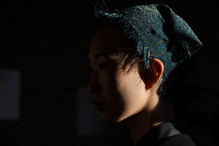 MILAN, ITALY - FEBRUARY 25: Gorgeous model poses in the backstage just before Cividini show during Milan Women's Fashion Week on FEBRUARY 25, 2017 in Milan.のeditorial素材