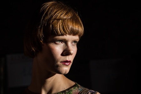 MILAN, ITALY - FEBRUARY 25: Gorgeous model poses in the backstage just before Cividini show during Milan Women's Fashion Week on FEBRUARY 25, 2017 in Milan.のeditorial素材