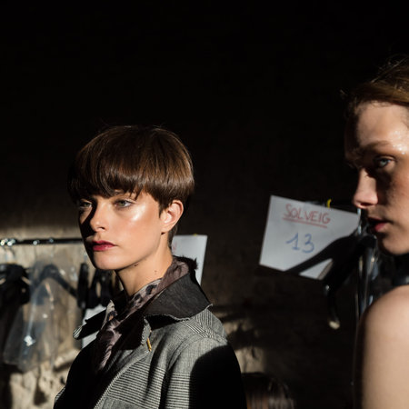 MILAN, ITALY - FEBRUARY 25: Gorgeous models pose in the backstage just before Cividini show during Milan Women's Fashion Week on FEBRUARY 25, 2017 in Milan.のeditorial素材