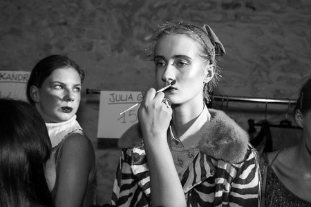 MILAN, ITALY - FEBRUARY 25: Gorgeous models pose in the backstage just before Cividini show during Milan Women's Fashion Week on FEBRUARY 25, 2017 in Milan.のeditorial素材