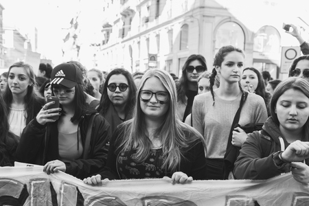MILAN, ITALY - MARCH 8: Secondary school students take part in a march to celebrate the International Wome's Day on MARCH 8, 2017 in Milan.のeditorial素材