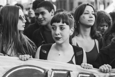 MILAN, ITALY - MARCH 8: Secondary school students take part in a march to celebrate the International Wome's Day on MARCH 8, 2017 in Milan.のeditorial素材