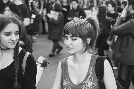 MILAN, ITALY - MARCH 8: Secondary school students take part in a march to celebrate the International Wome's Day on MARCH 8, 2017 in Milan.のeditorial素材