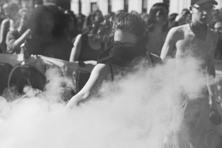MILAN, ITALY - MARCH 8: Secondary school students take part in a march to celebrate the International Wome's Day on MARCH 8, 2017 in Milan.のeditorial素材