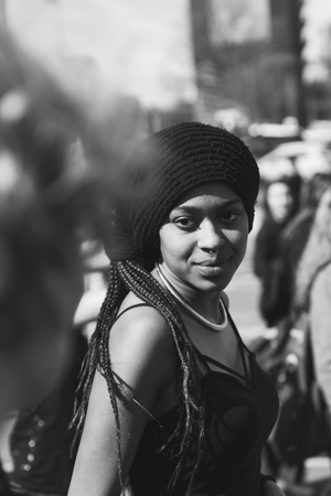 MILAN, ITALY - MARCH 8: Secondary school students take part in a march to celebrate the International Wome's Day on MARCH 8, 2017 in Milan.のeditorial素材