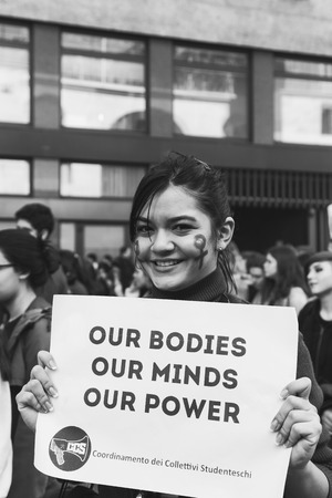 MILAN, ITALY - MARCH 8: Secondary school students take part in a march to celebrate the International Wome's Day on MARCH 8, 2017 in Milan.のeditorial素材