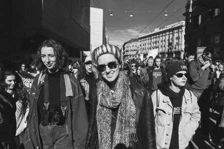 MILAN, ITALY - MARCH 8: Secondary school students take part in a march to celebrate the International Wome's Day on MARCH 8, 2017 in Milan.のeditorial素材
