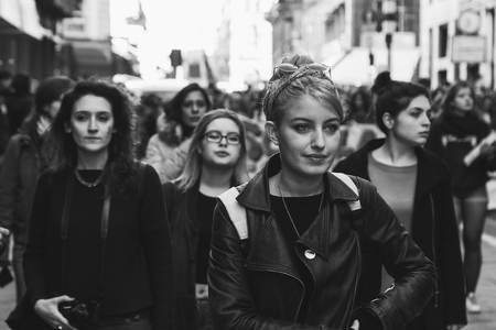 MILAN, ITALY - MARCH 8: Secondary school students take part in a march to celebrate the International Wome's Day on MARCH 8, 2017 in Milan.のeditorial素材