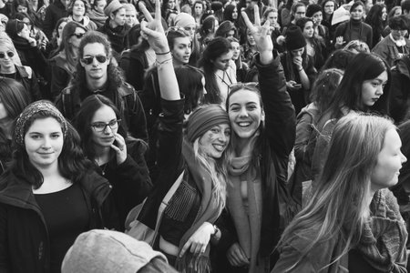 MILAN, ITALY - MARCH 8: Secondary school students take part in a march to celebrate the International Wome's Day on MARCH 8, 2017 in Milan.のeditorial素材