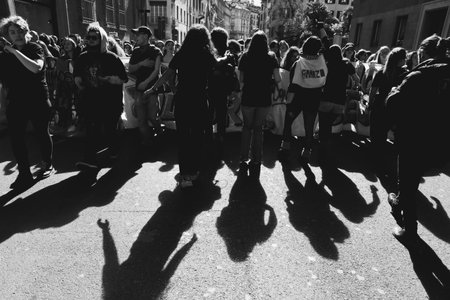 MILAN, ITALY - MARCH 8: Secondary school students take part in a march to celebrate the International Wome's Day on MARCH 8, 2017 in Milan.のeditorial素材