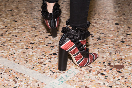 MILAN, ITALY - FEBRUARY 25: Detail of shoes in the backstage just before Leitmotiv show during Milan Women's Fashion Week on FEBRUARY 25, 2017 in Milan.のeditorial素材