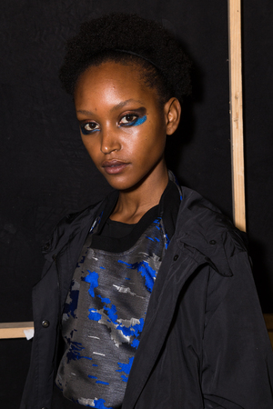 MILAN, ITALY - FEBRUARY 25: Gorgeous model poses in the backstage just before Leitmotiv show during Milan Women's Fashion Week on FEBRUARY 25, 2017 in Milan.のeditorial素材