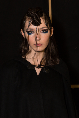 MILAN, ITALY - FEBRUARY 25: Gorgeous model poses in the backstage just before Leitmotiv show during Milan Women's Fashion Week on FEBRUARY 25, 2017 in Milan.のeditorial素材