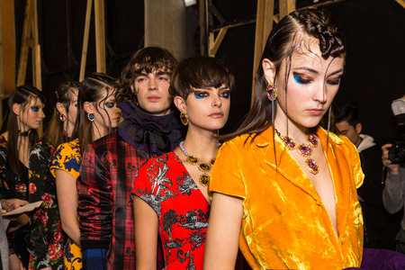 MILAN, ITALY - FEBRUARY 25: Gorgeous models pose in the backstage just before Leitmotiv show during Milan Women's Fashion Week on FEBRUARY 25, 2017 in Milan.のeditorial素材
