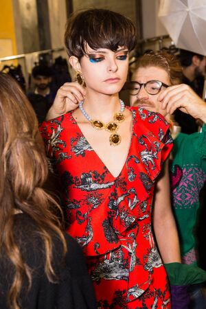 MILAN, ITALY - FEBRUARY 25: Gorgeous model poses in the backstage just before Leitmotiv show during Milan Women's Fashion Week on FEBRUARY 25, 2017 in Milan.のeditorial素材