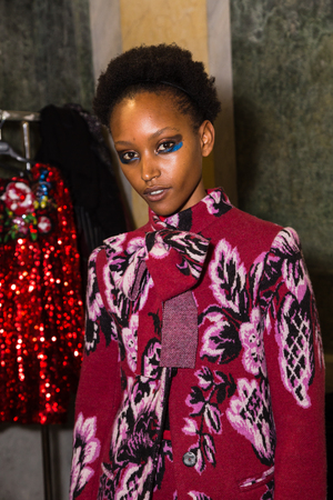 MILAN, ITALY - FEBRUARY 25: Gorgeous model poses in the backstage just before Leitmotiv show during Milan Women's Fashion Week on FEBRUARY 25, 2017 in Milan.のeditorial素材