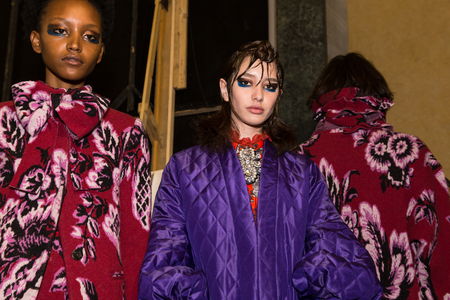 MILAN, ITALY - FEBRUARY 25: Gorgeous models pose in the backstage just before Leitmotiv show during Milan Women's Fashion Week on FEBRUARY 25, 2017 in Milan.のeditorial素材