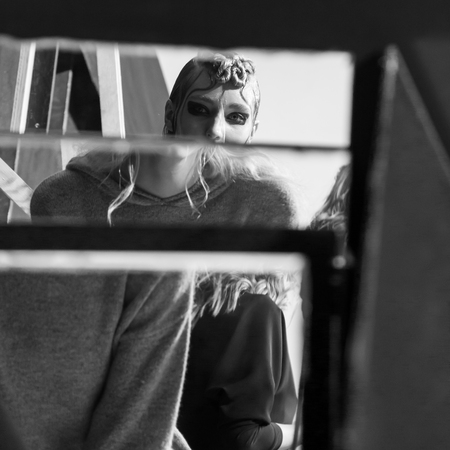MILAN, ITALY - FEBRUARY 25: Gorgeous model poses in the backstage just before Leitmotiv show during Milan Women's Fashion Week on FEBRUARY 25, 2017 in Milan.のeditorial素材