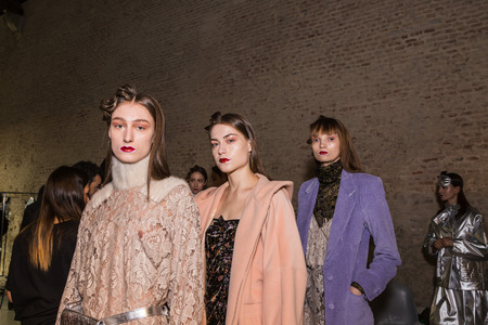 MILAN, ITALY - FEBRUARY 27: Gorgeous models pose in the backstage just before Alberto Zambelli show during Milan Women's Fashion Week on FEBRUARY 27, 2017 in Milan.のeditorial素材