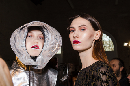 MILAN, ITALY - FEBRUARY 27: Gorgeous models pose in the backstage just before Alberto Zambelli show during Milan Women's Fashion Week on FEBRUARY 27, 2017 in Milan.のeditorial素材