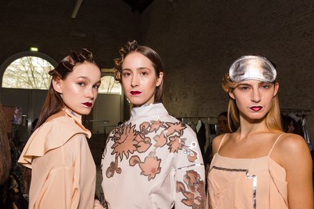 MILAN, ITALY - FEBRUARY 27: Gorgeous models pose in the backstage just before Alberto Zambelli show during Milan Women's Fashion Week on FEBRUARY 27, 2017 in Milan.のeditorial素材