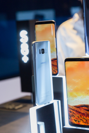 MILAN, ITALY - APRIL 7: The new Samsung S8 on display at Fuorisalone, set of events distributed in different areas of the town during Milan Design Week on APRIL 7, 2017 in Milan.のeditorial素材