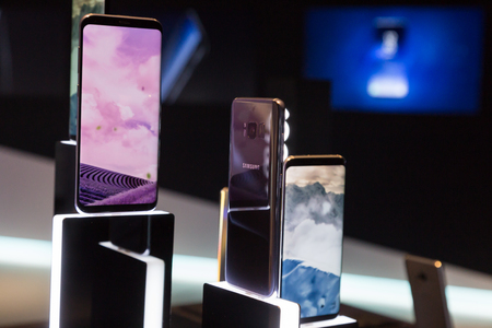 MILAN, ITALY - APRIL 7: The new Samsung S8 on display at Fuorisalone, set of events distributed in different areas of the town during Milan Design Week on APRIL 7, 2017 in Milan.のeditorial素材