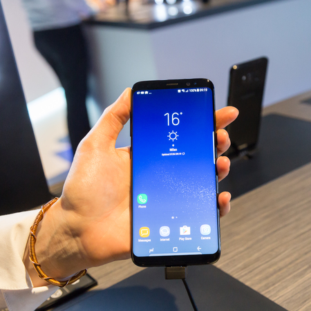 MILAN, ITALY - APRIL 7: The new Samsung S8 on display at Fuorisalone, set of events distributed in different areas of the town during Milan Design Week on APRIL 7, 2017 in Milan.のeditorial素材