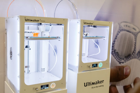 MILAN, ITALY - APRIL 21, 2017: 3d printers on display at Technology Hub, international event for...