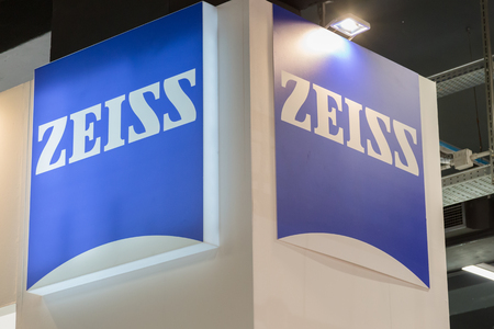 MILAN, ITALY - APRIL 21, 2017: Detail of Zeiss stand at Technology Hub, international event for innovative and futuristic technologies serving business.のeditorial素材